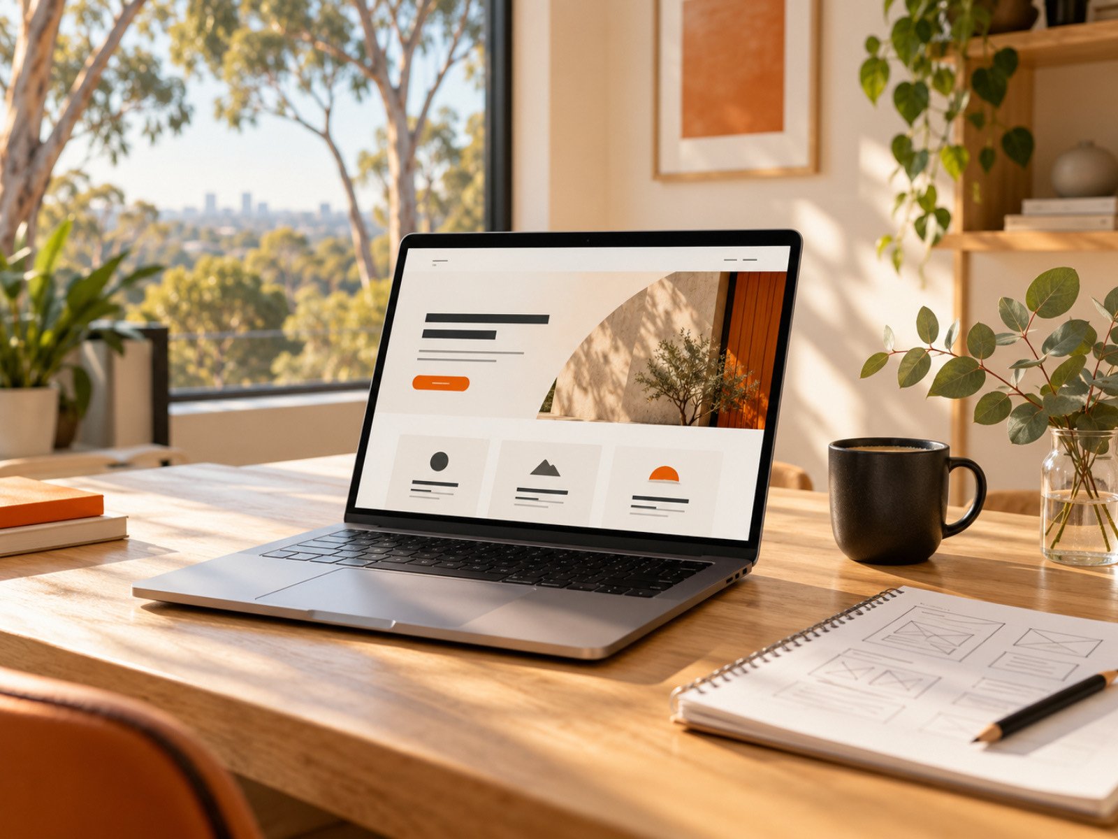 A bright, tidy web design workspace with a laptop showing a website layout
