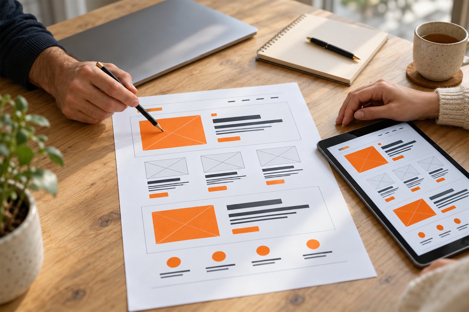 Two people reviewing a printed website layout and a tablet together