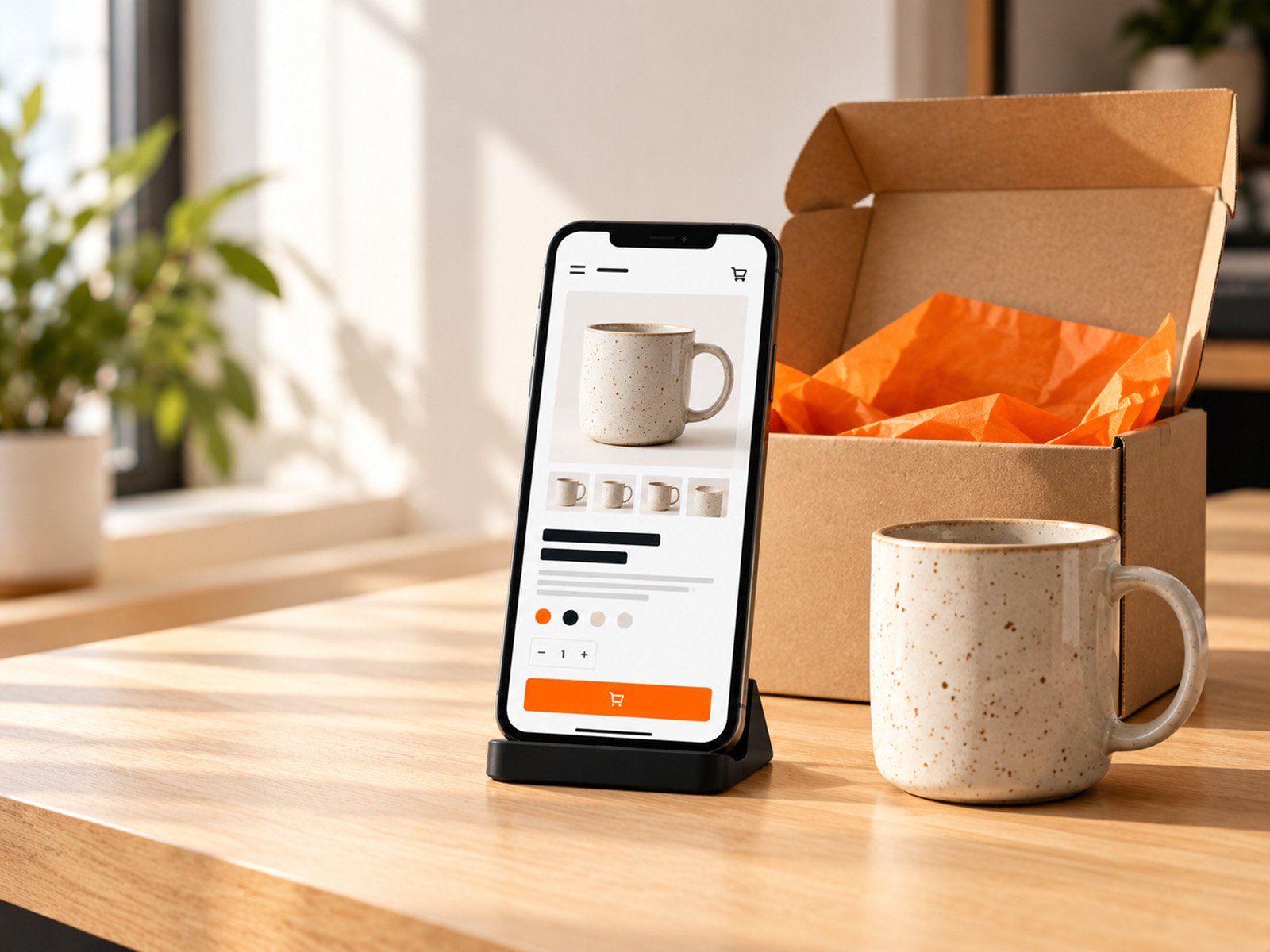 A smartphone showing an online store product page beside an open shipping box