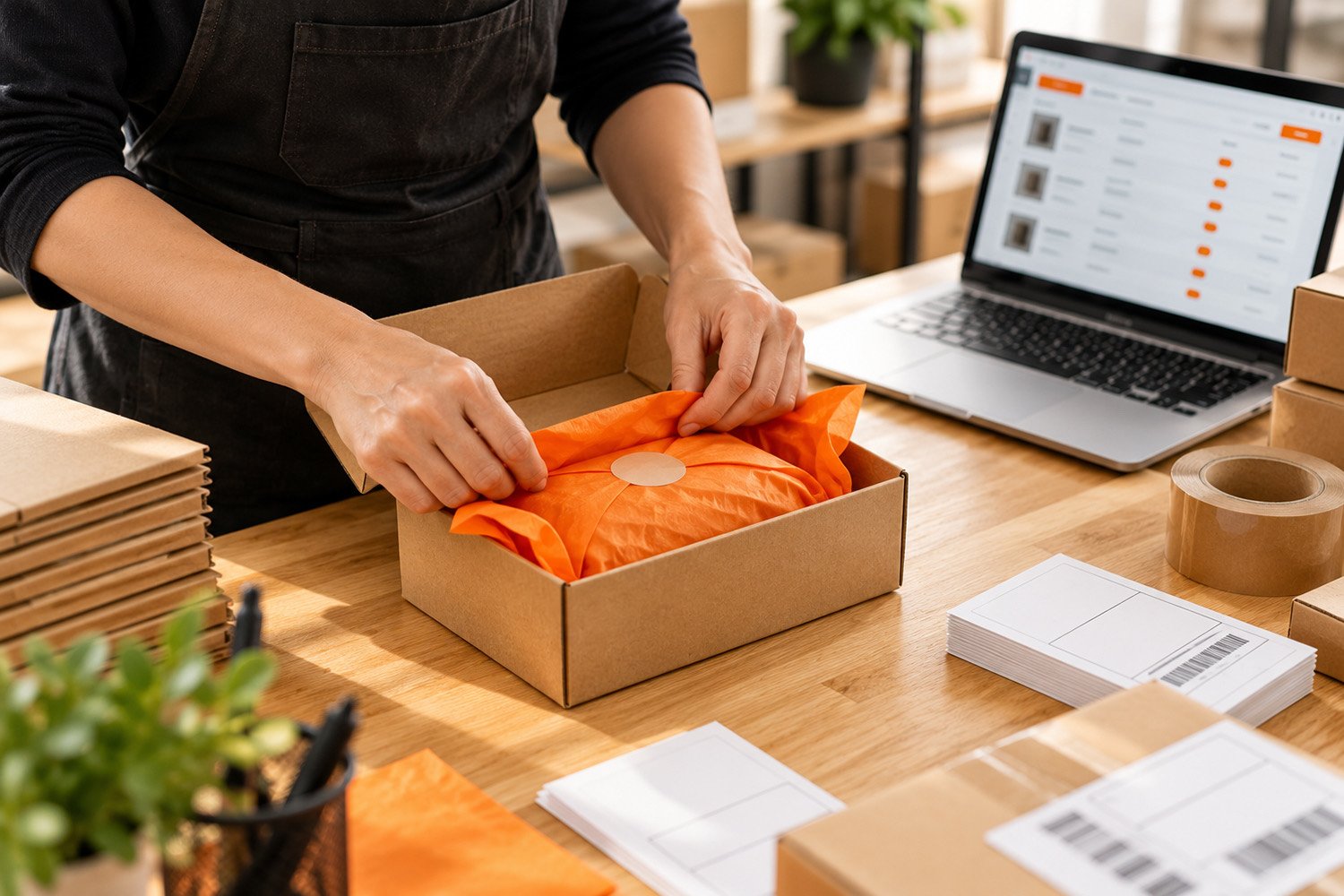 Hands packing an online order into a kraft box with orange tissue paper