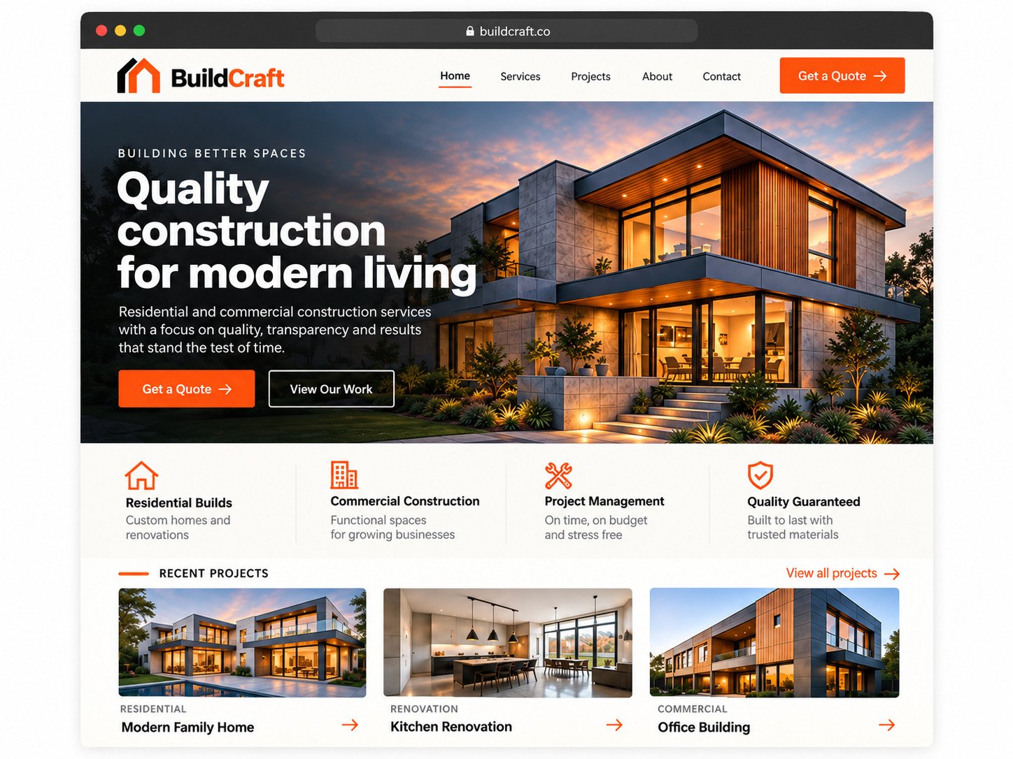 Homepage design for a construction company website