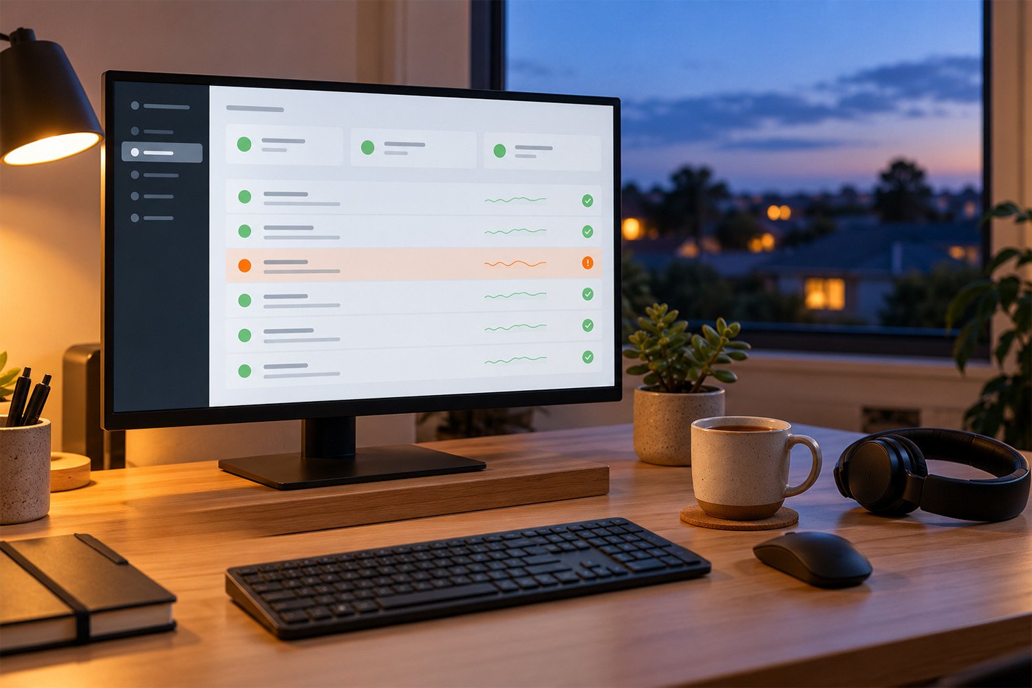 A monitor showing a website status dashboard in a calm home office at dusk