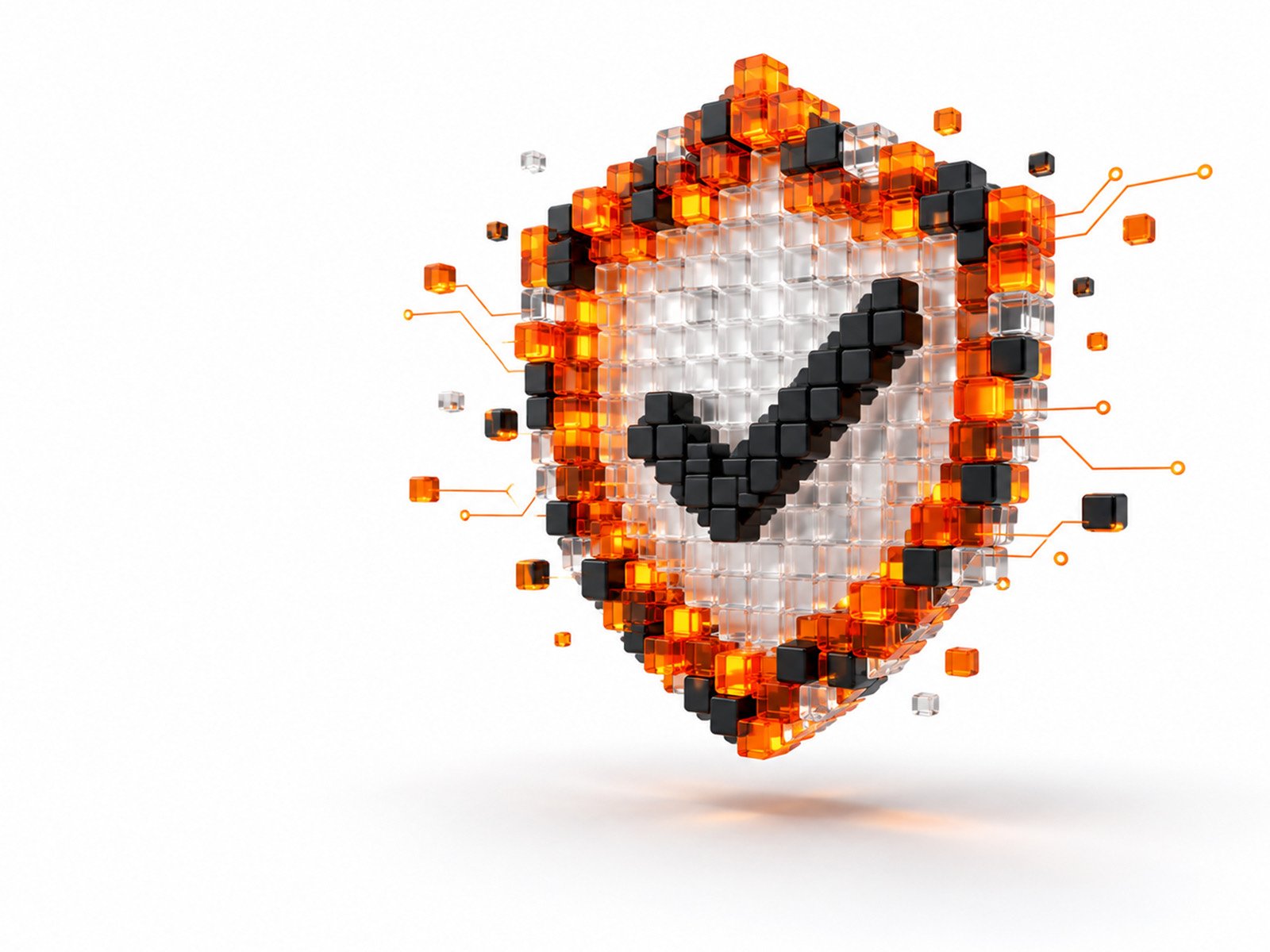 A protective shield with a check mark made of orange and black cubes