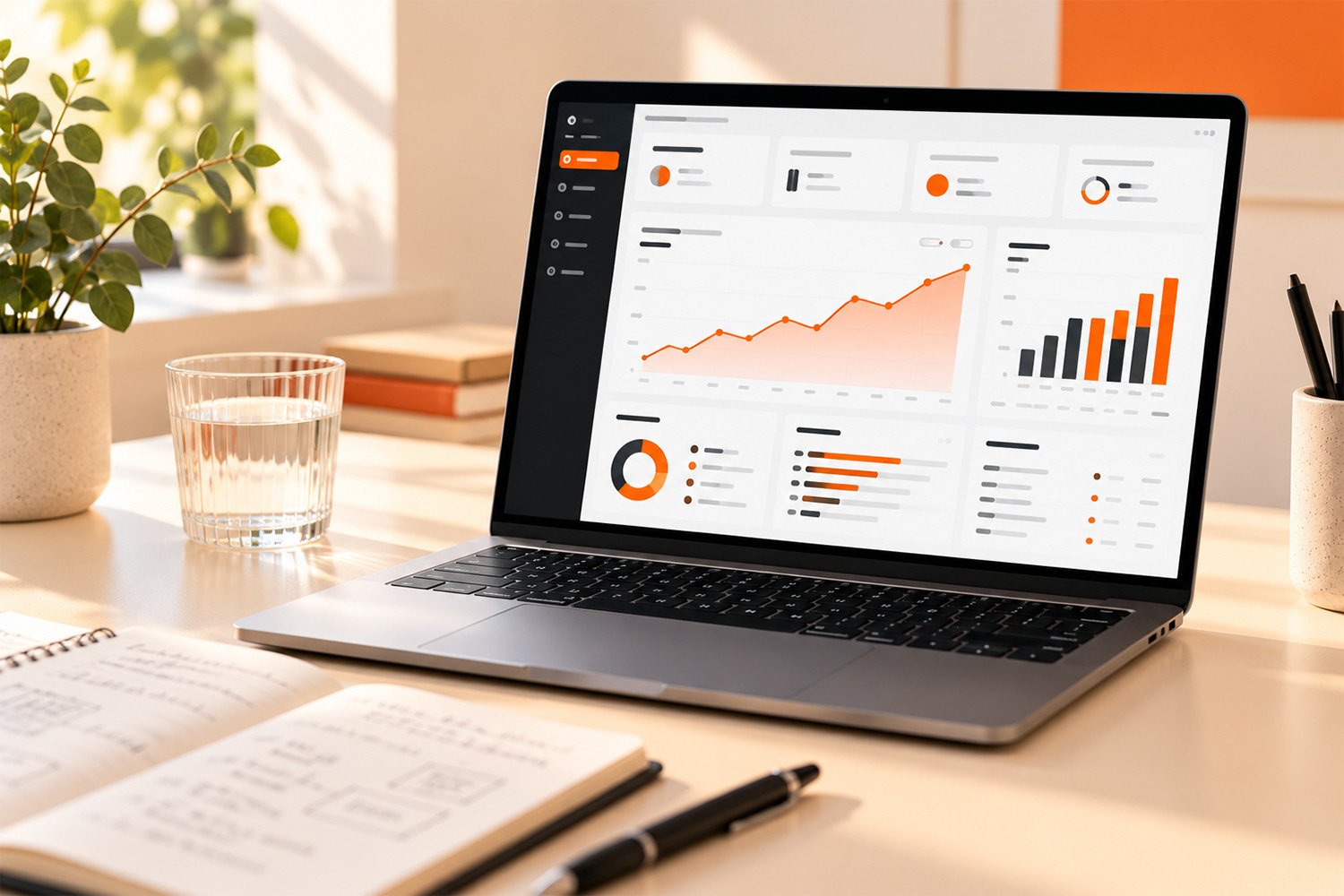 A laptop showing a website analytics dashboard with an upward trend