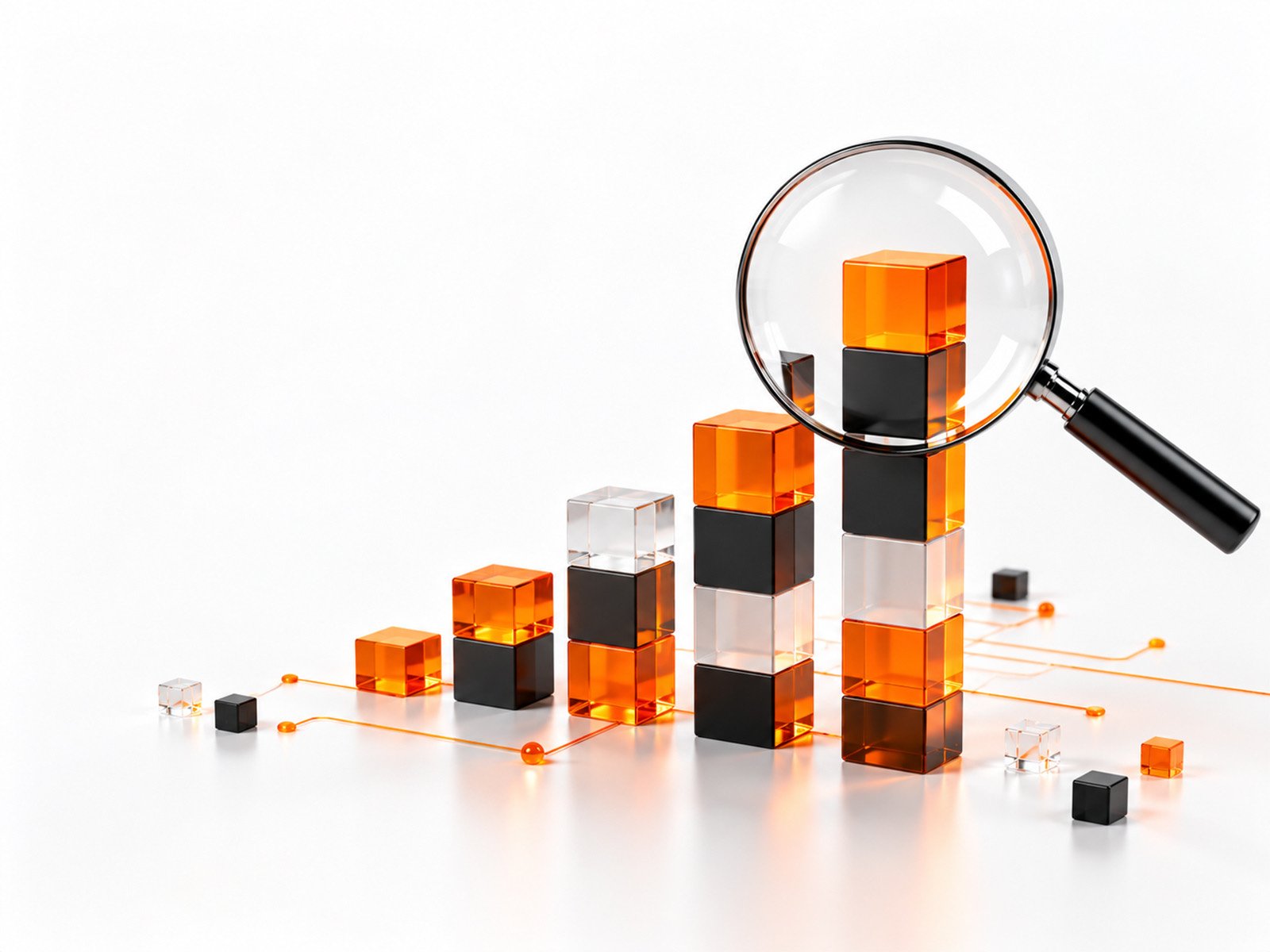 A magnifying glass over a rising bar chart made of orange and black cubes