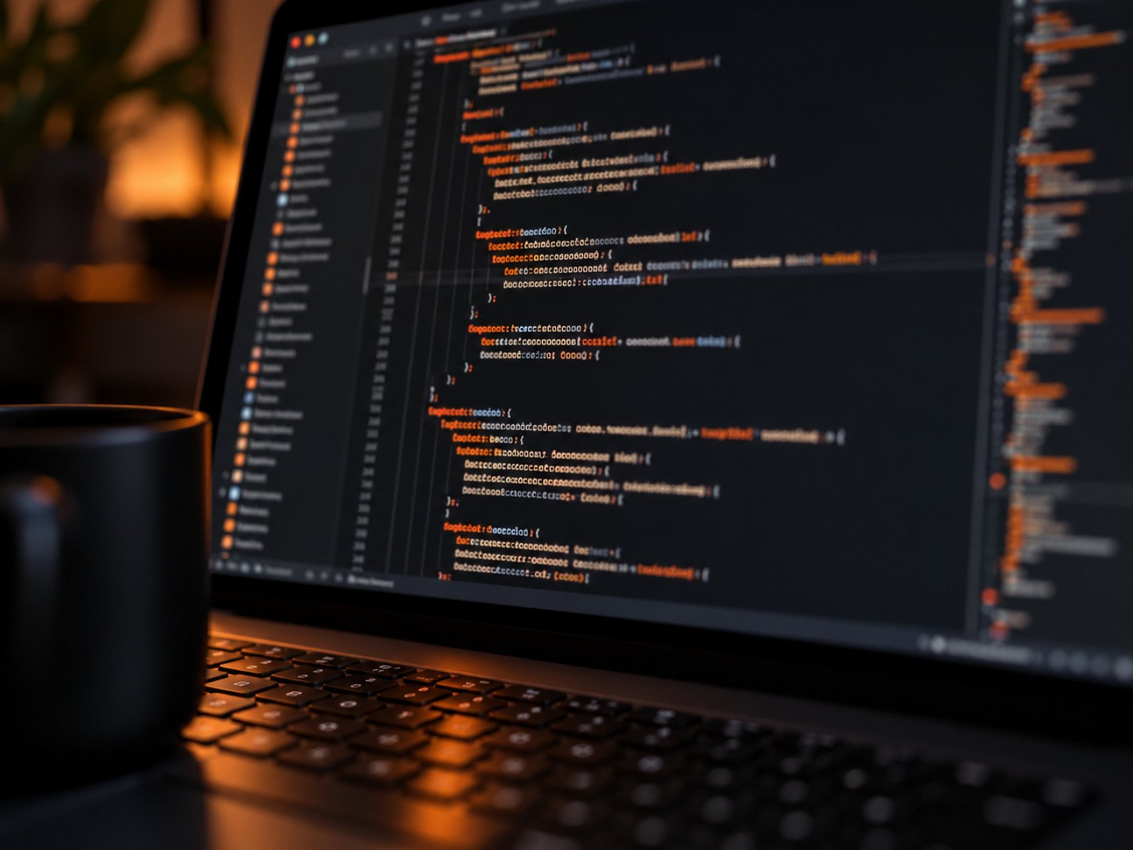 Close-up of website code in a dark code editor on a laptop