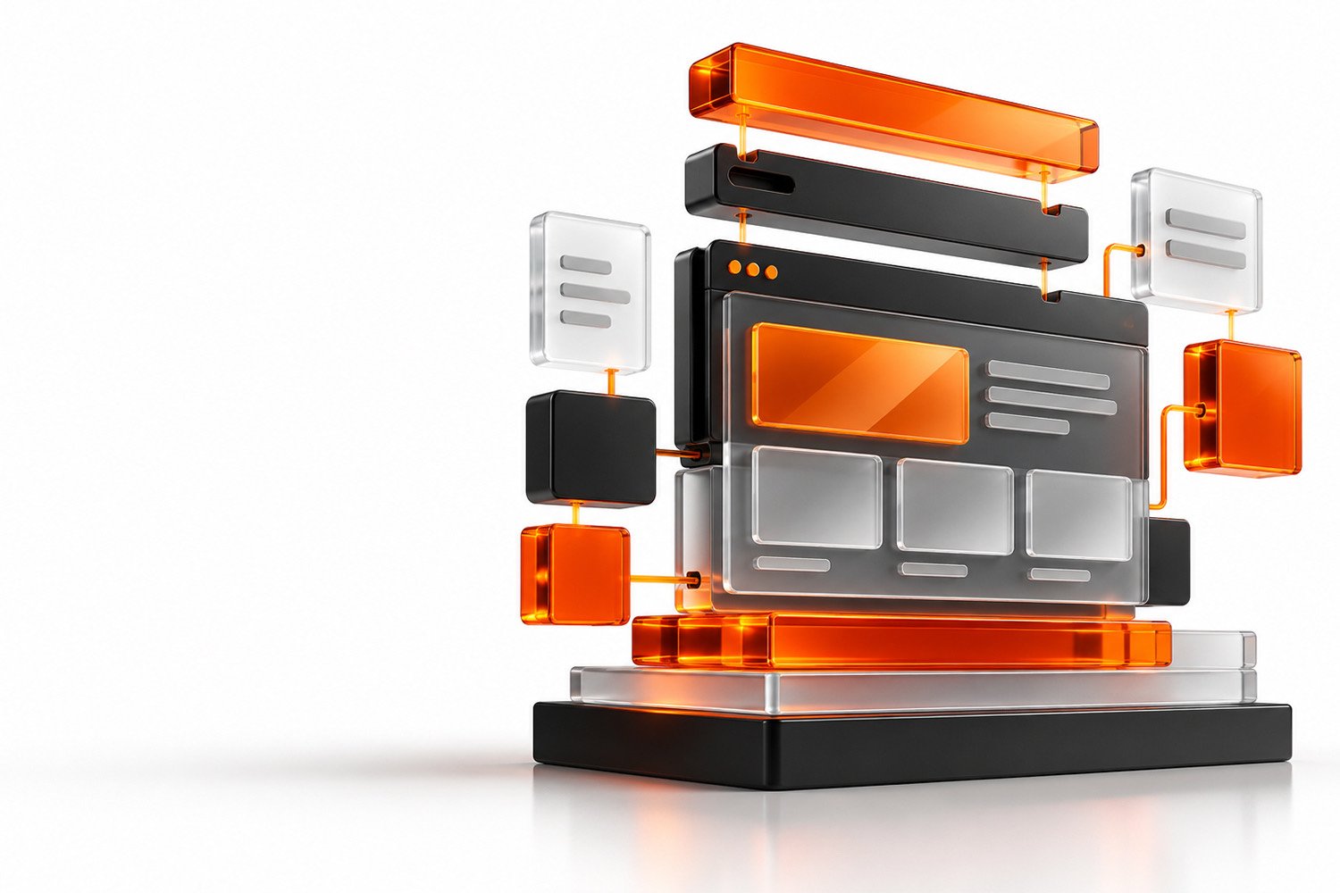 Abstract 3D blocks in orange, black and glass fitting together like website components
