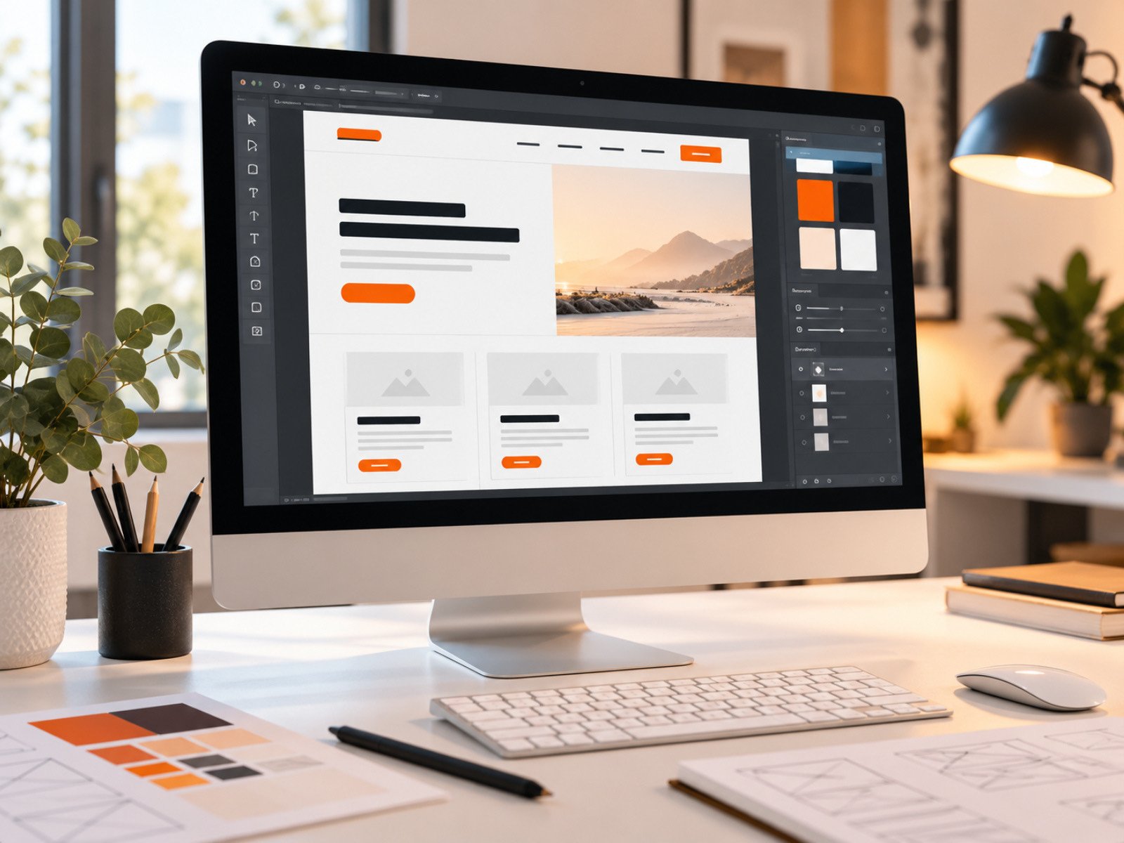 A website homepage design in progress on a studio monitor