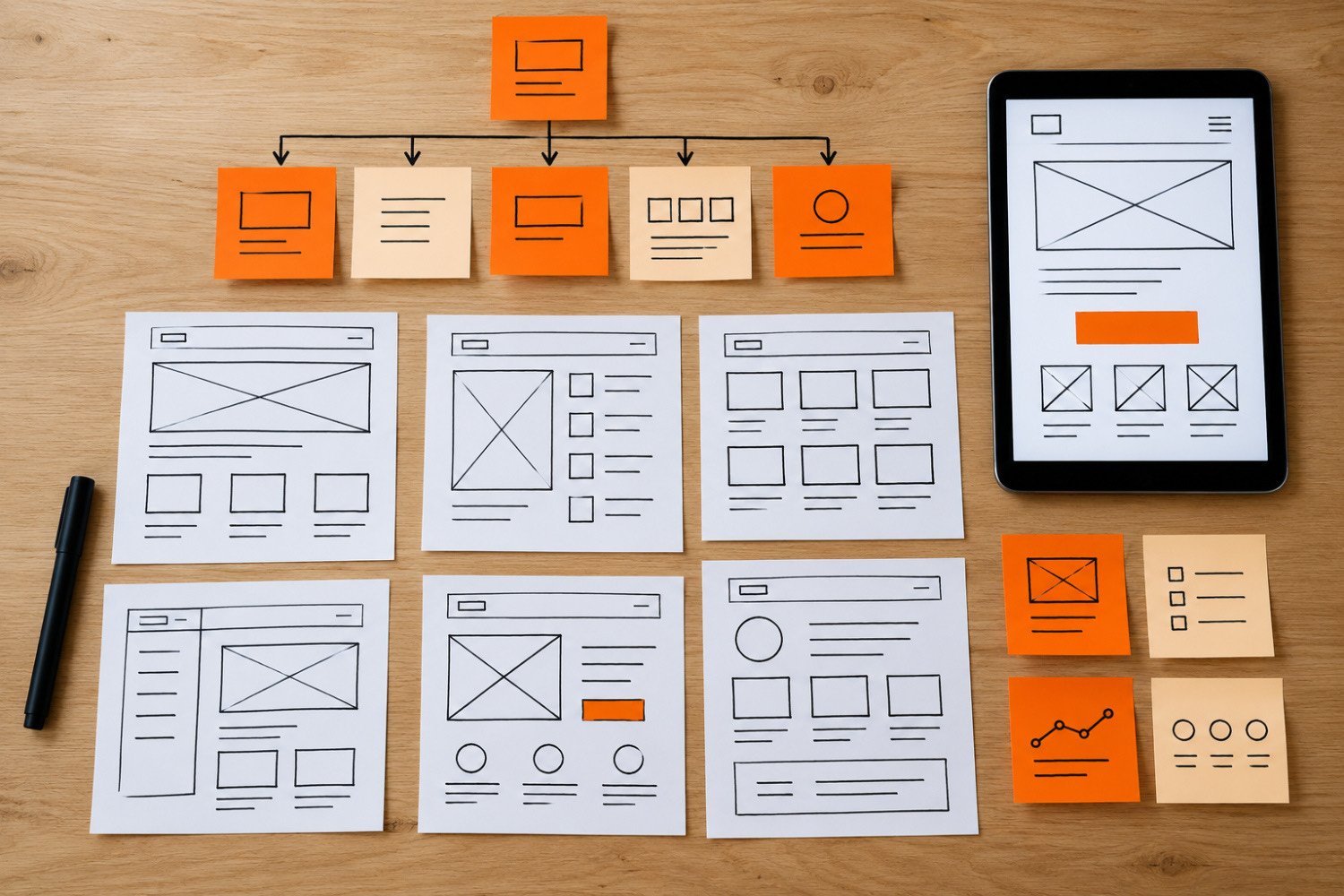 Hand-drawn website wireframes and a sticky-note site map on a table